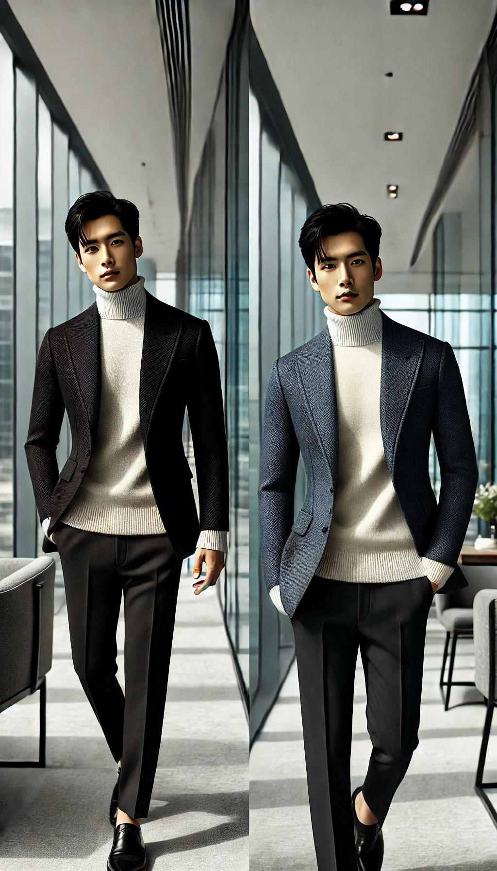 Áo cổ lọ mỏng + Blazer + Quần tây – Phong cách doanh nhân đẳng cấp