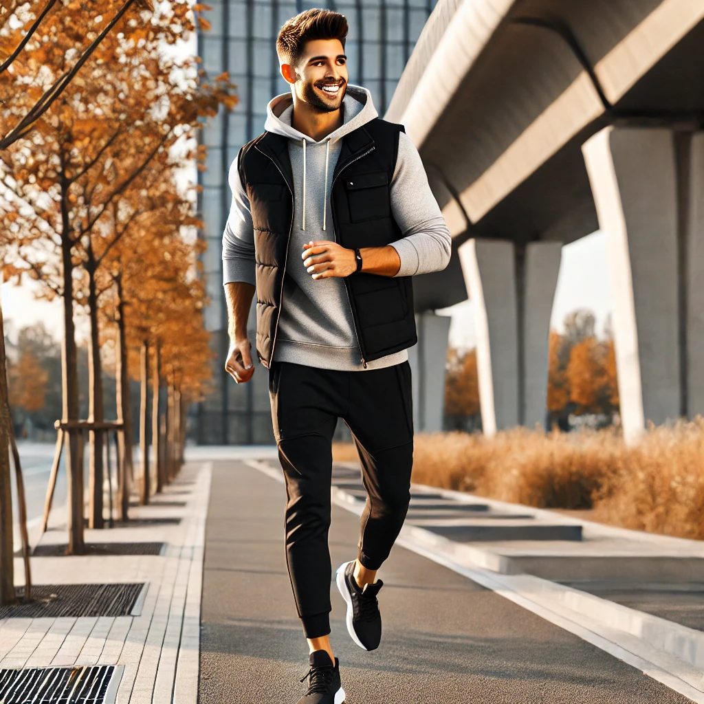 Áo gile nam đen + hoodie xám + quần jogger + giày thể thao