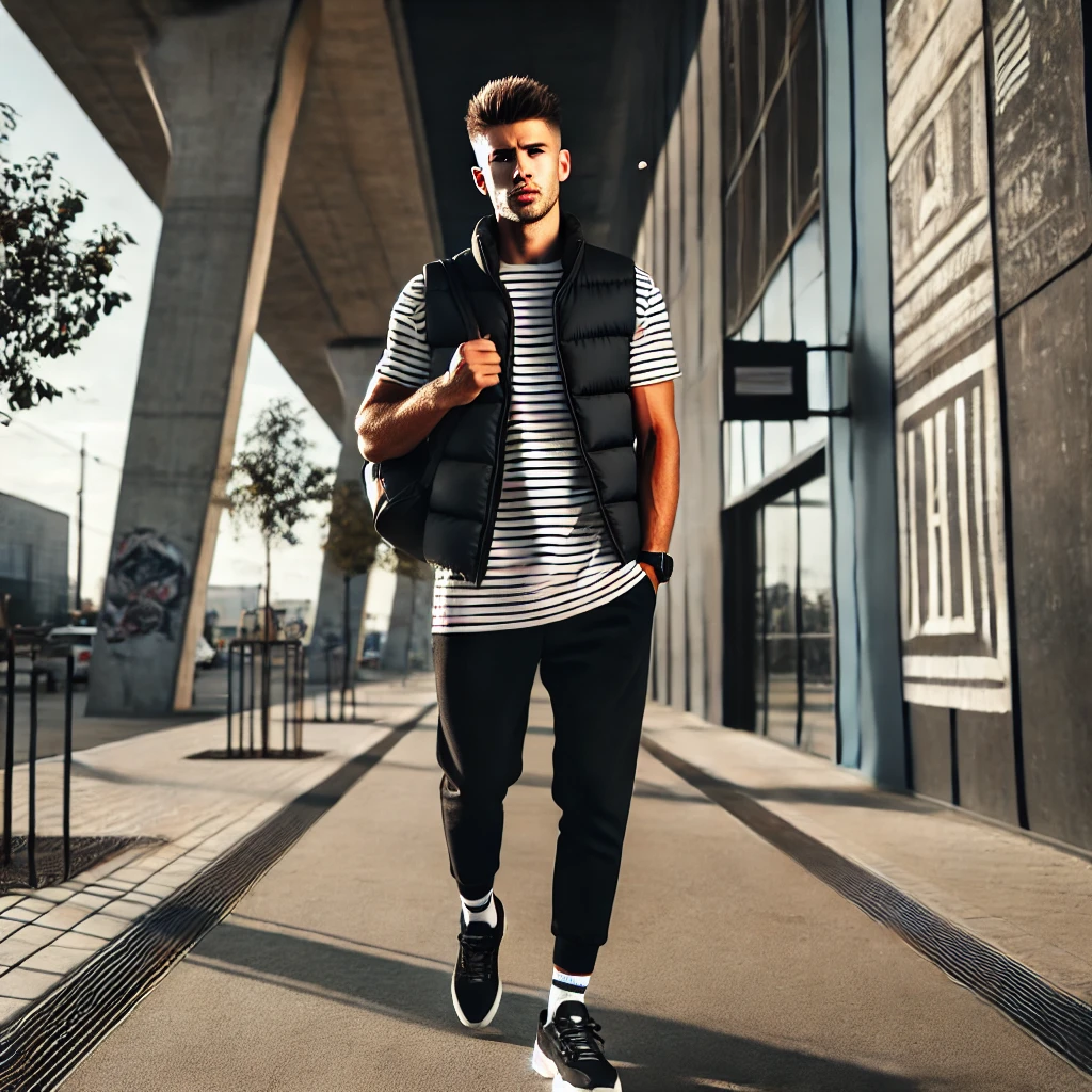 Áo gile phao đen + áo thun kẻ sọc + quần jogger + giày thể thao → Năng động, cá tính.