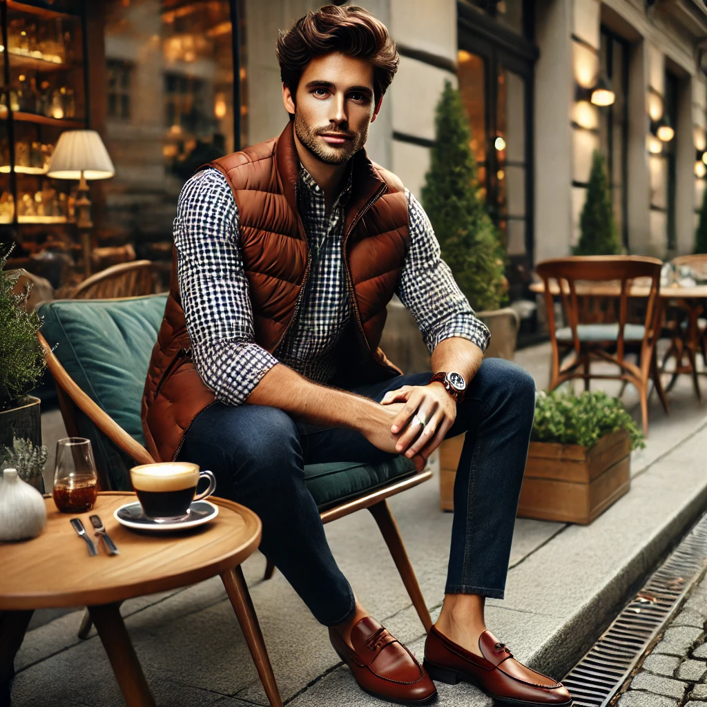 Áo gile phao màu nâu + sơ mi kẻ + quần jeans xanh đậm + giày da lười → Phong cách smart-casual.