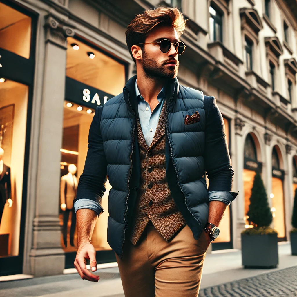 Áo gile phao xanh đậm + áo comple nam nâu + quần chinos + giày lười → Hiện đại, phong cách.