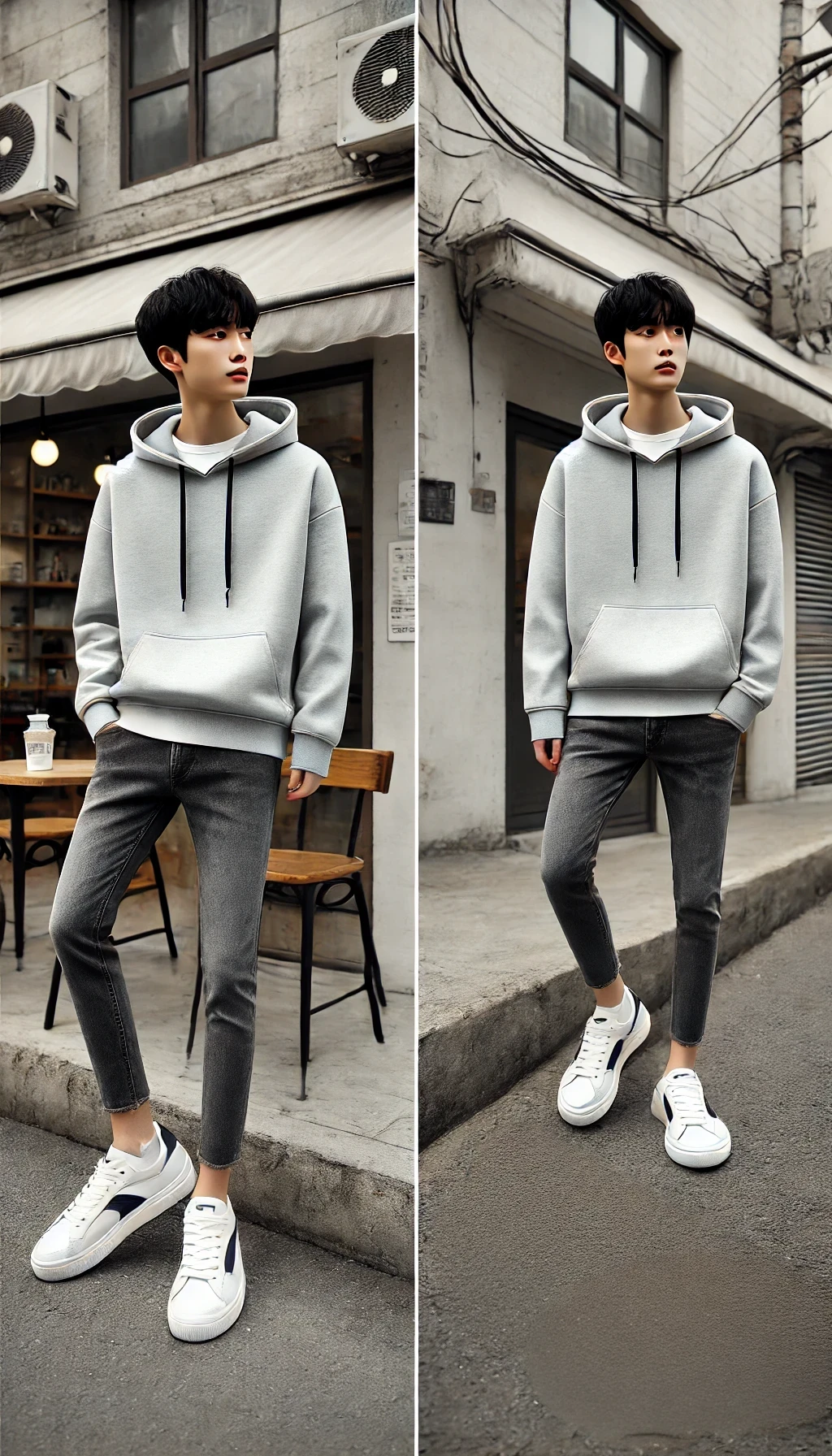 Áo hoodie mỏng + Quần jeans + Giày thể thao – Năng động, trẻ trung