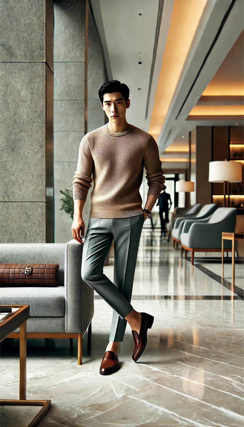 Áo len mỏng dài tay + Quần âu + Giày loafer – Lịch lãm, thanh lịch