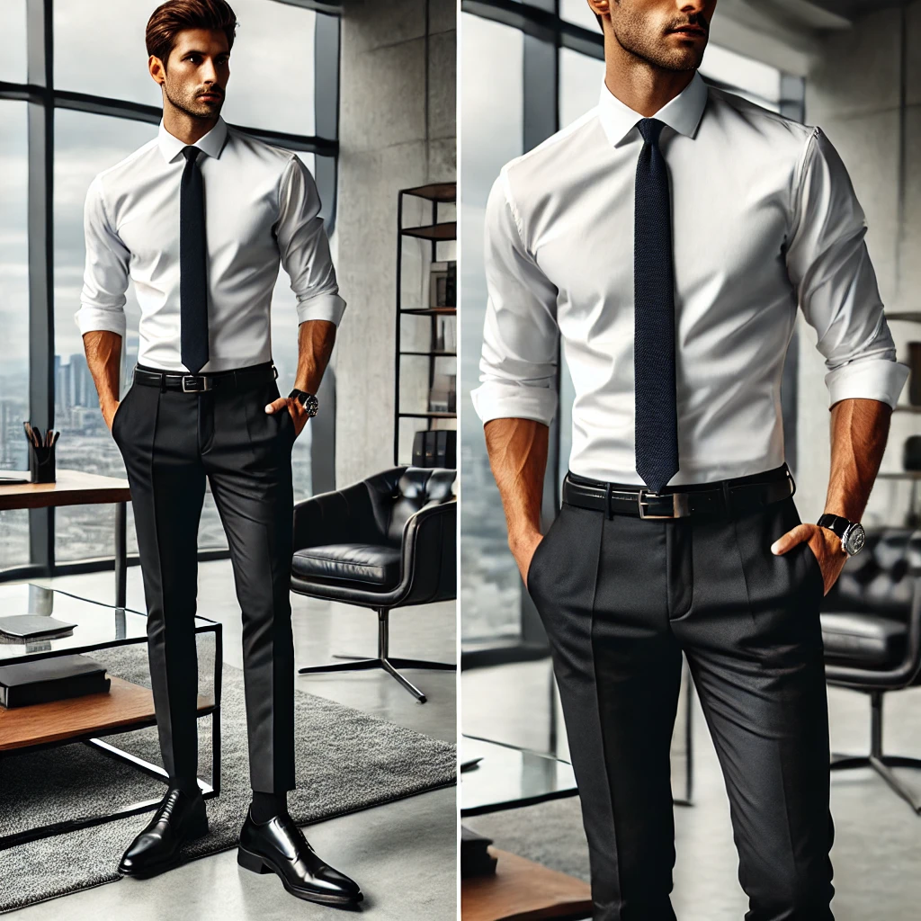 Set đồ: Áo sơ mi trắng + quần âu + giày da + cà vạt