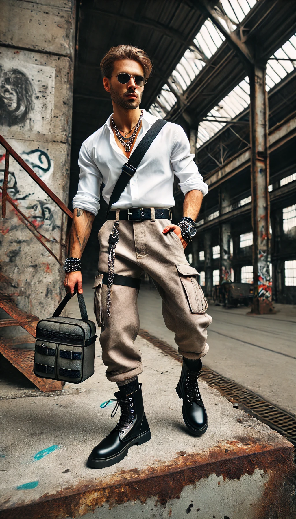 Set đồ: Áo sơ mi trắng + quần cargo + giày boot 