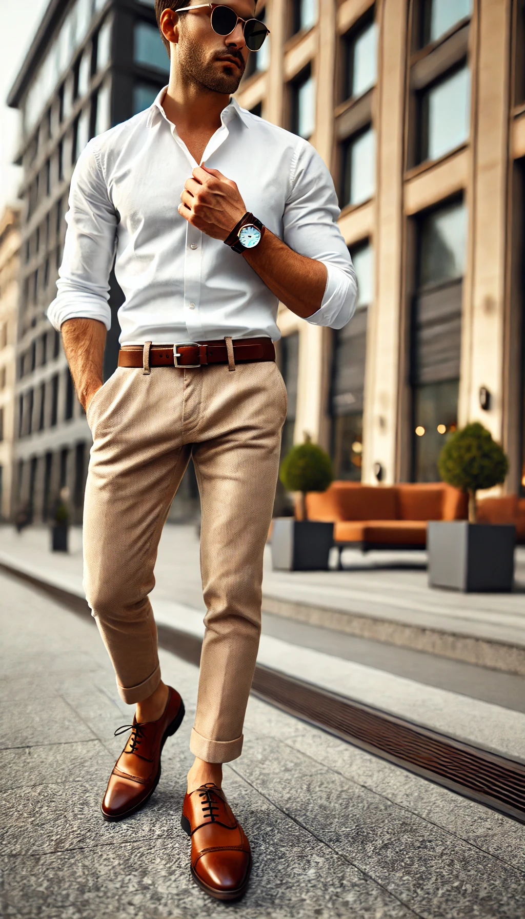 Set đồ: Áo sơ mi trắng + quần kaki + giày Oxford 