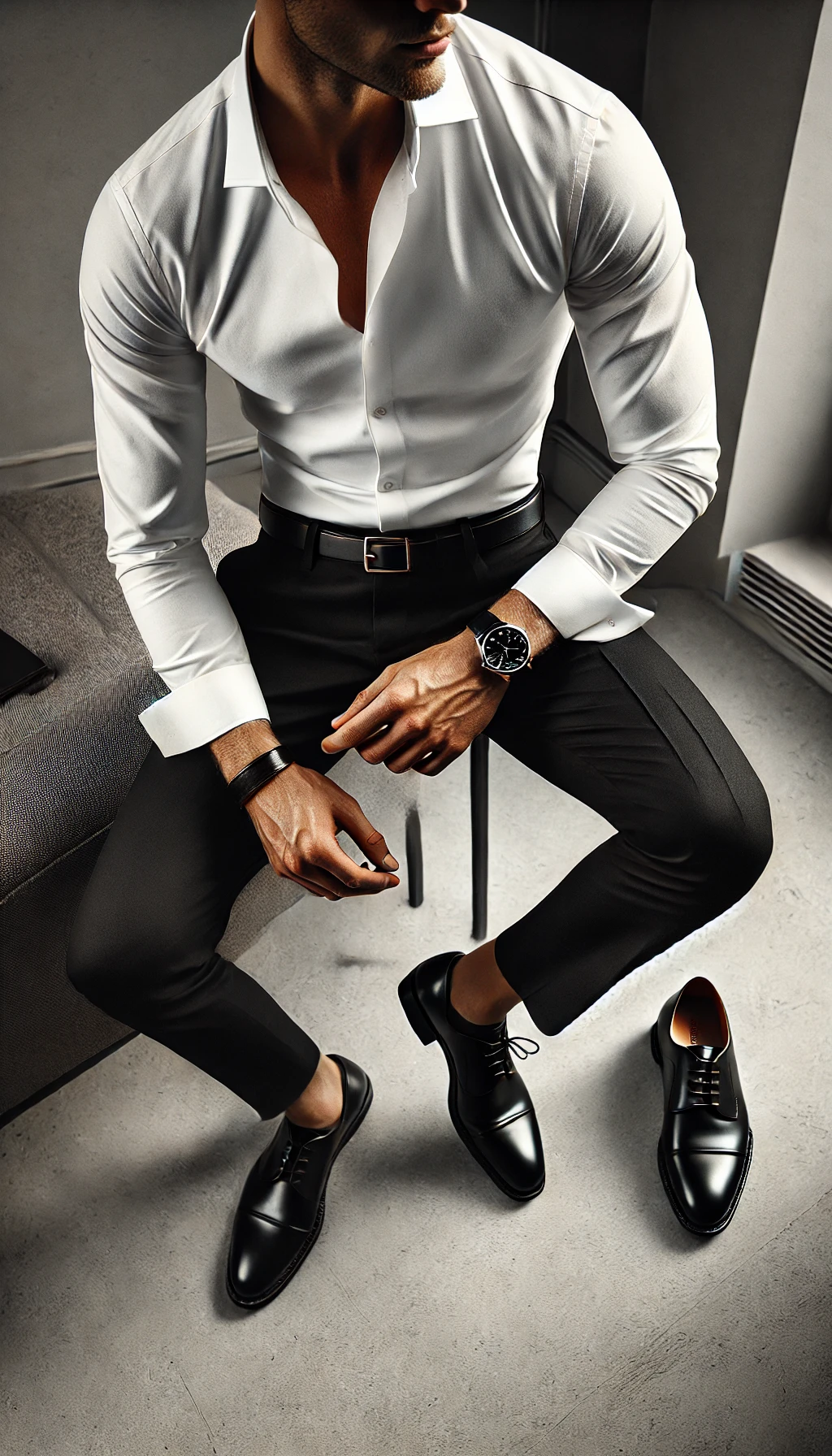 Set đồ: Áo sơ mi trắng slim-fit + quần âu đơn sắc