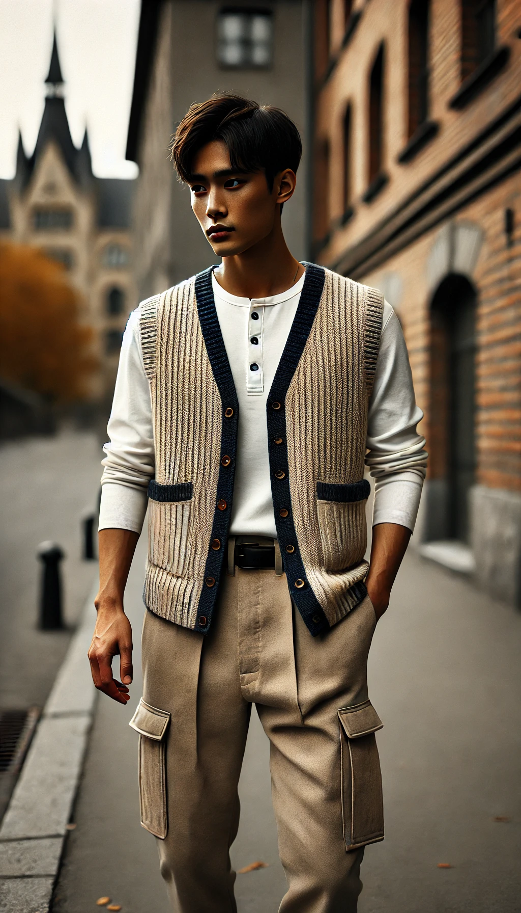 Áo thun dài tay + Áo gile len + Quần kaki – Layer thời thượng