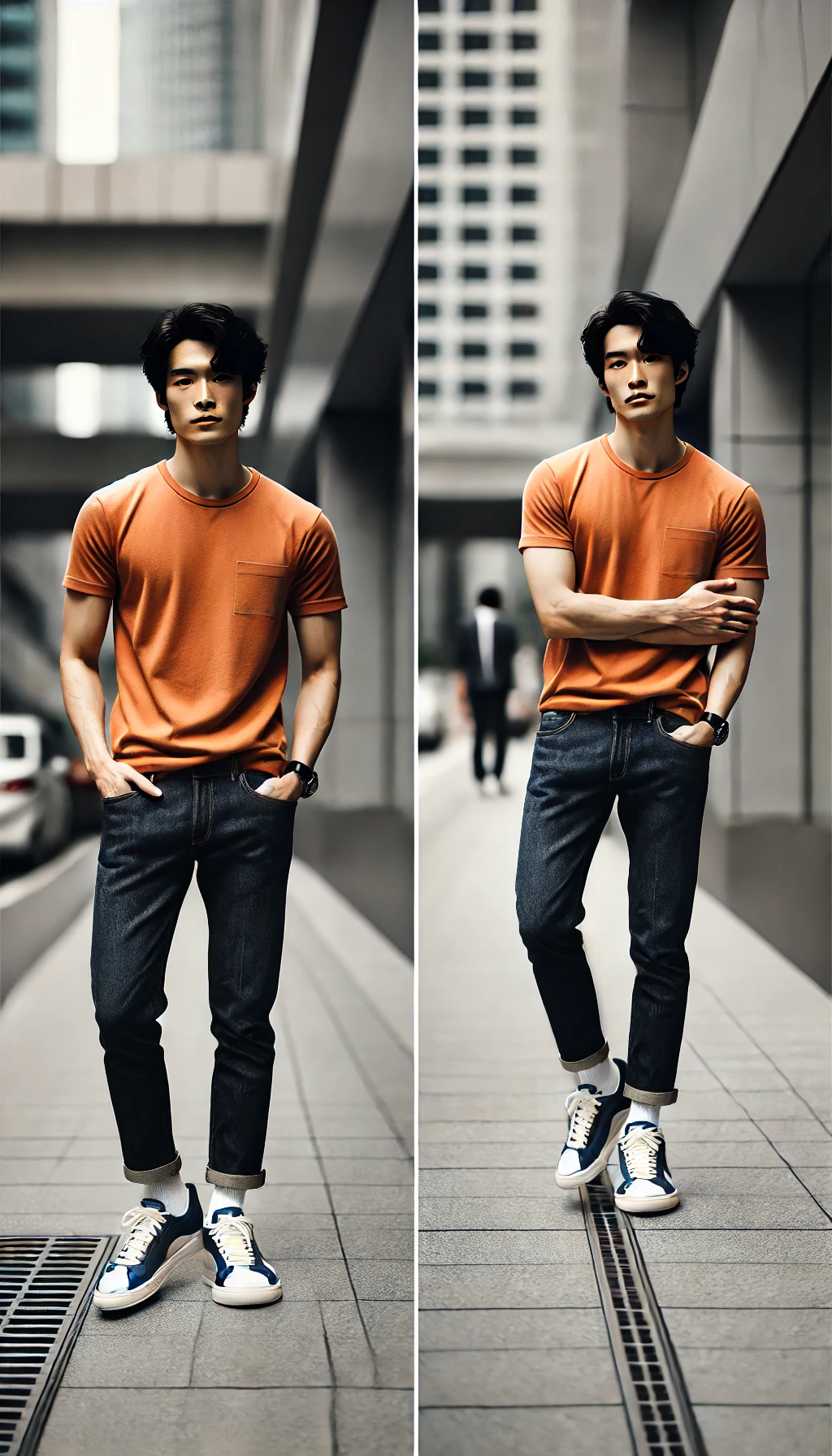 Áo thun màu cam + Quần jeans + Sneaker – Đơn giản nhưng phong cách