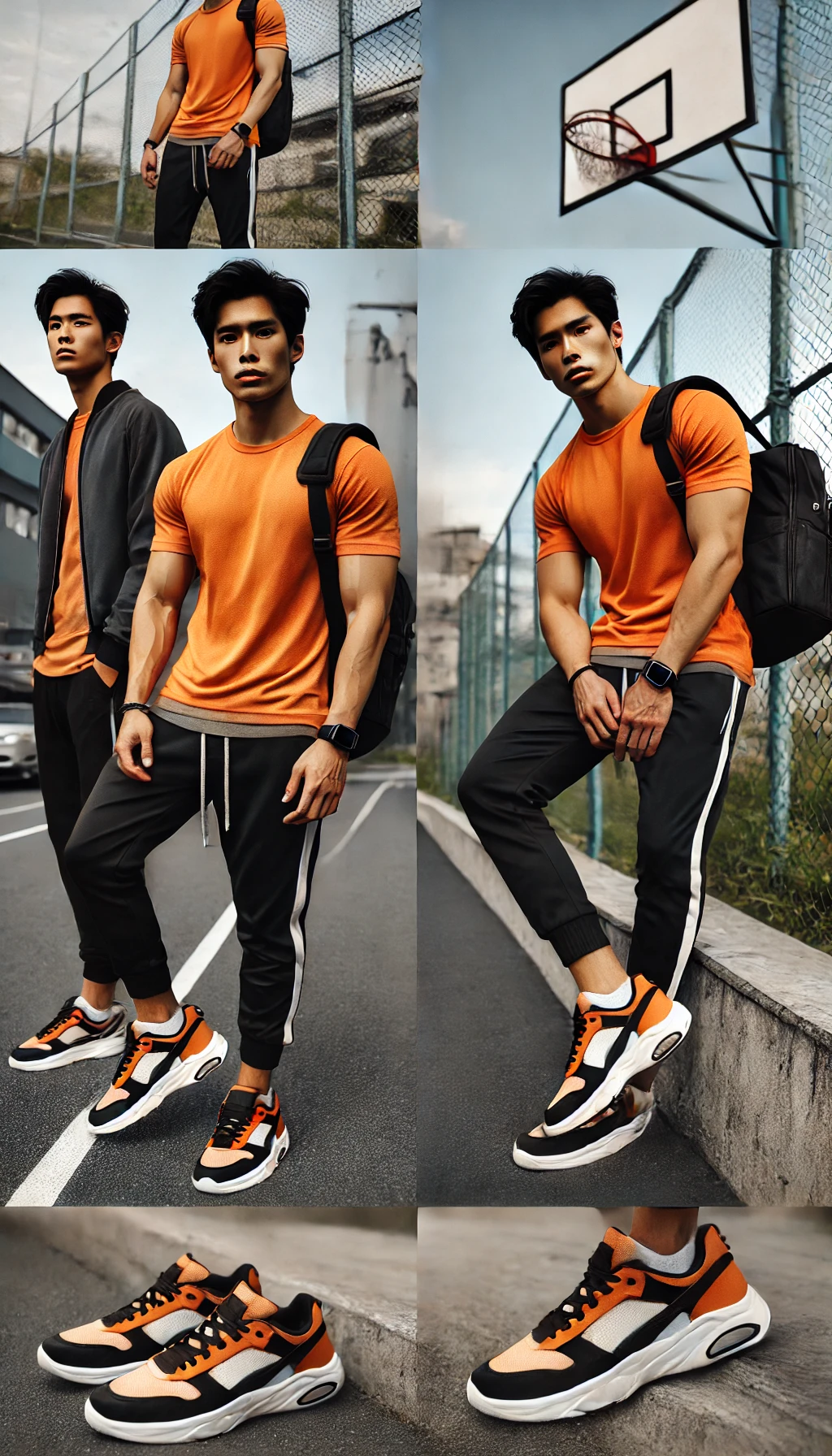 Áo thun màu cam + Quần jogger đen + Giày thể thao – Phong cách thể thao năng động