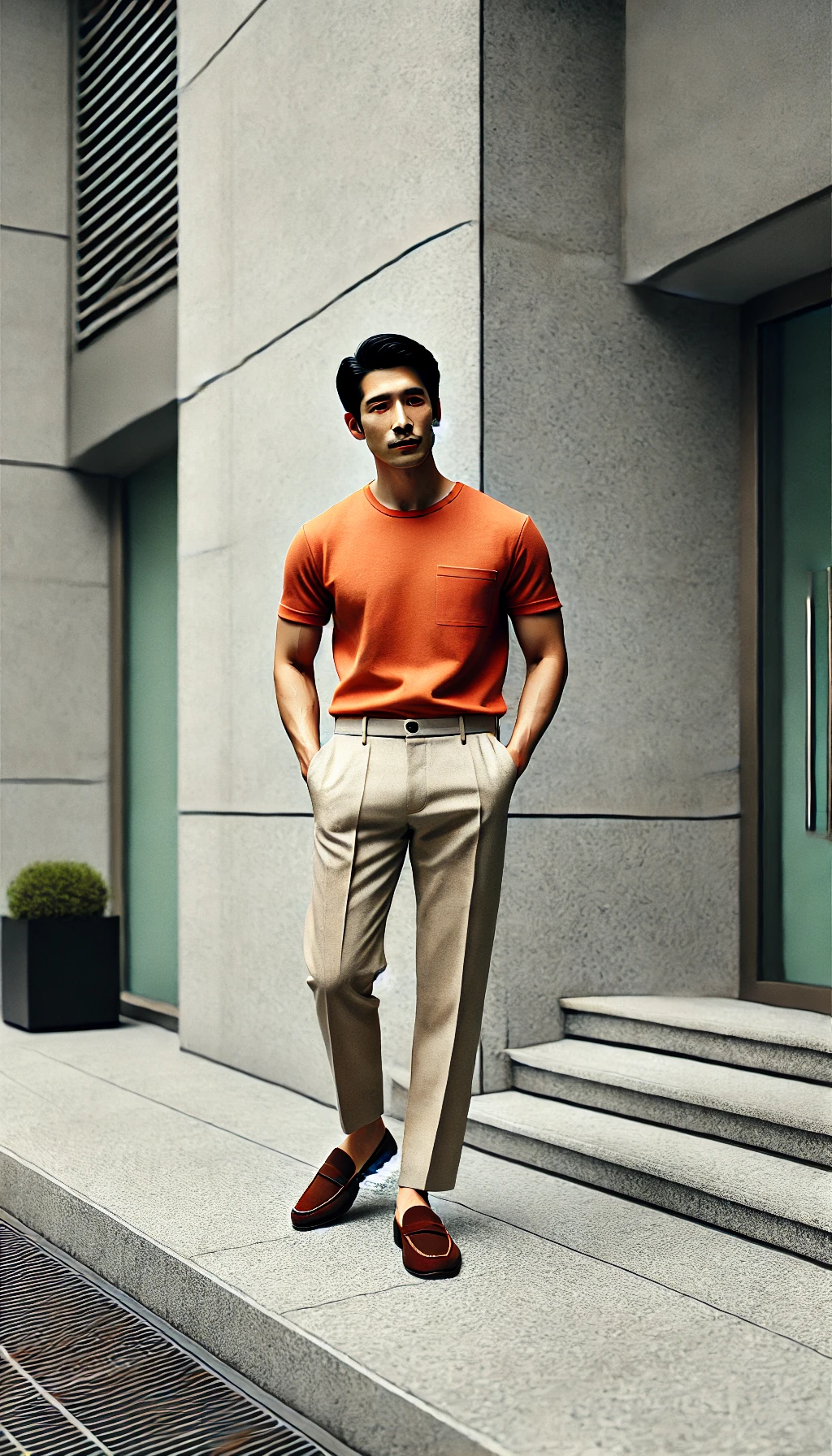 Áo thun màu cam + Quần kaki màu be + Giày loafer – Lịch lãm, trưởng thành