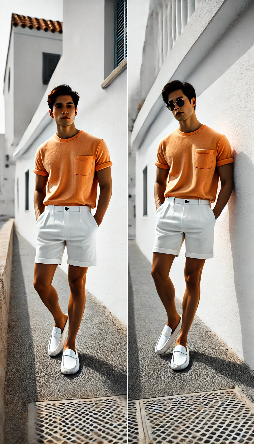 Áo thun màu cam + Quần short trắng + Giày lười – Thanh lịch, tươi mới