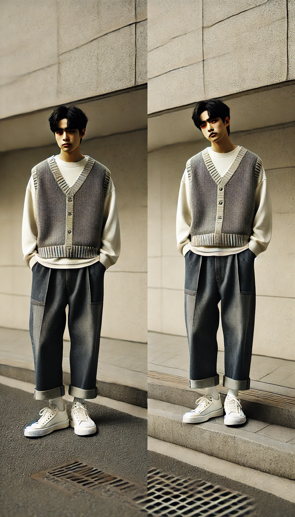 Phối áo gile len với áo thun – Phong cách tối giản, Hàn Quốc
