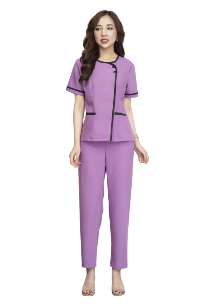 Đồng phục spa cổ tròn màu tím huế