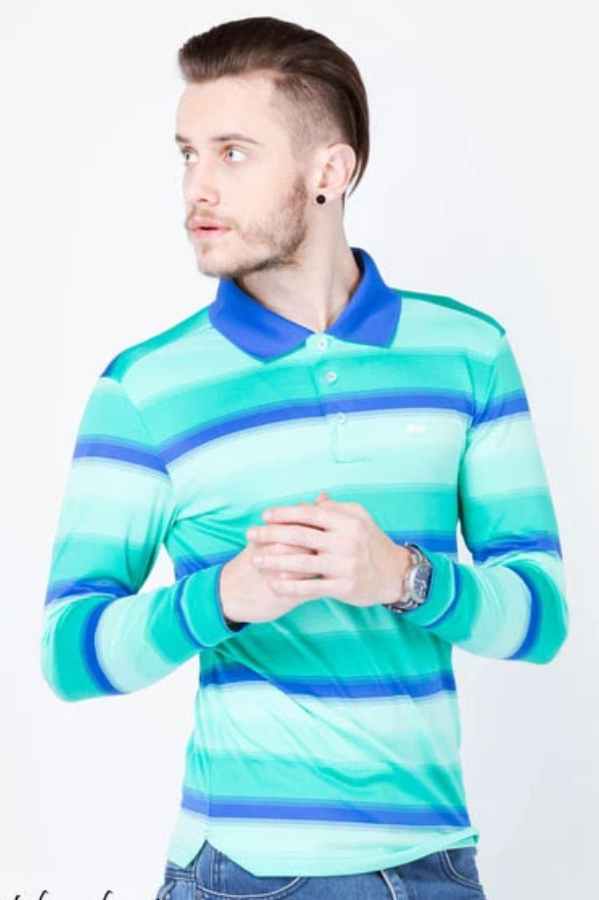 Áo thun dài tay nam cao cấp ALIGRO cổ bẻ co giãn, thoáng khí phối kẻ ALGAPD007