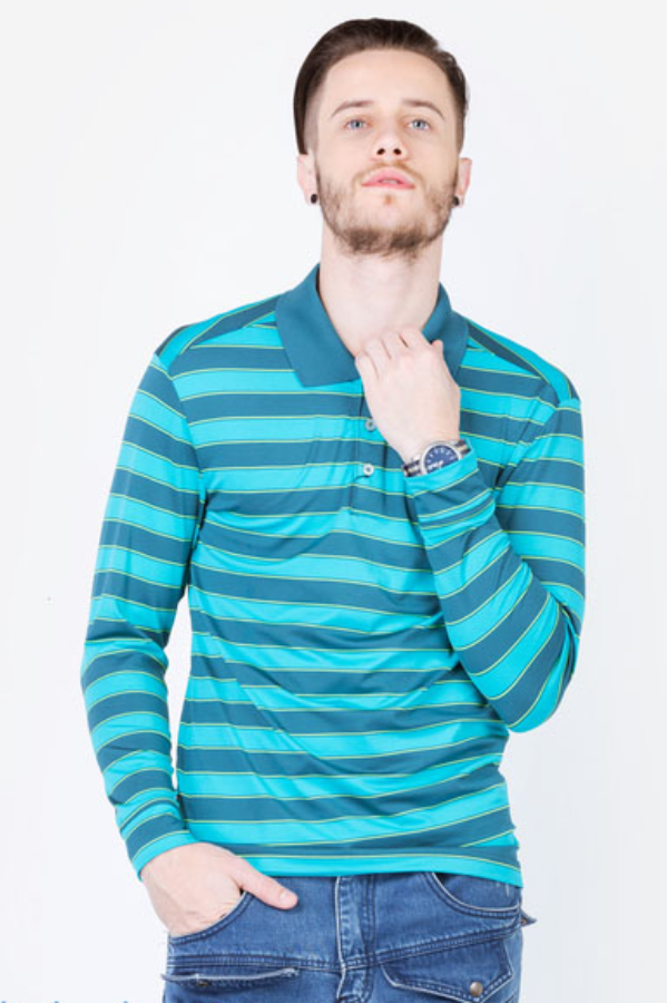 Áo thun dài tay nam cao cấp ALIGRO cổ bẻ co giãn, thoáng khí kẻ xanh ALGAPD012