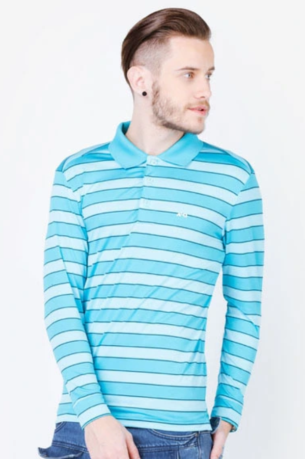 Áo thun dài tay nam cao cấp ALIGRO cổ bẻ co giãn, thoáng khí kẻ phối xanh ALGAPD019