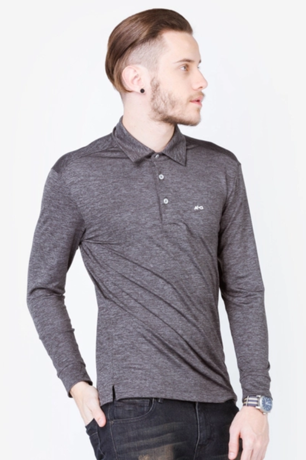 Áo thun dài tay nam cao cấp ALIGRO cổ bẻ co giãn, thoáng khí màu ghi đậm ALGAPD017