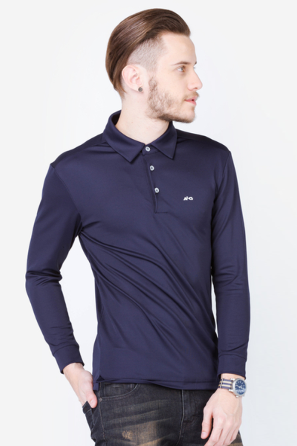 Áo thun dài tay nam cao cấp ALIGRO cổ bẻ co giãn, thoáng khí màu navy ALGAPD004