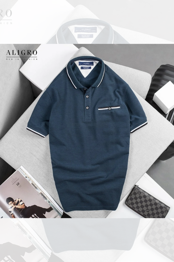 Áo polo nam ngắn tay Aligro cao cấp ALGPLO39 vải CVC cao cấp dáng slimfit có túi ngực màu xanh cổ vịt