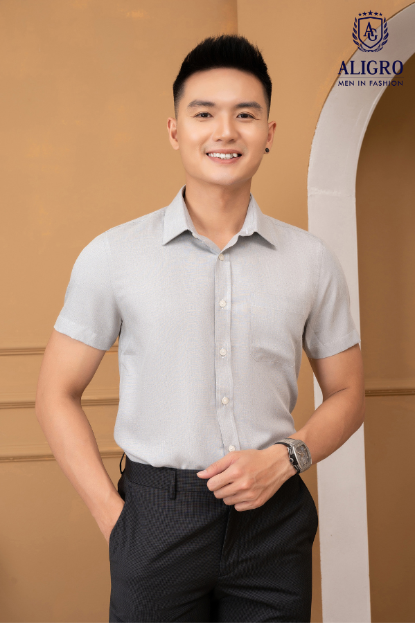 Áo sơ mi nam ngắn tay cao cấp Aligro ALGS-C122 chất liệu vải bamboo form SLIMFIT màu ghi xước