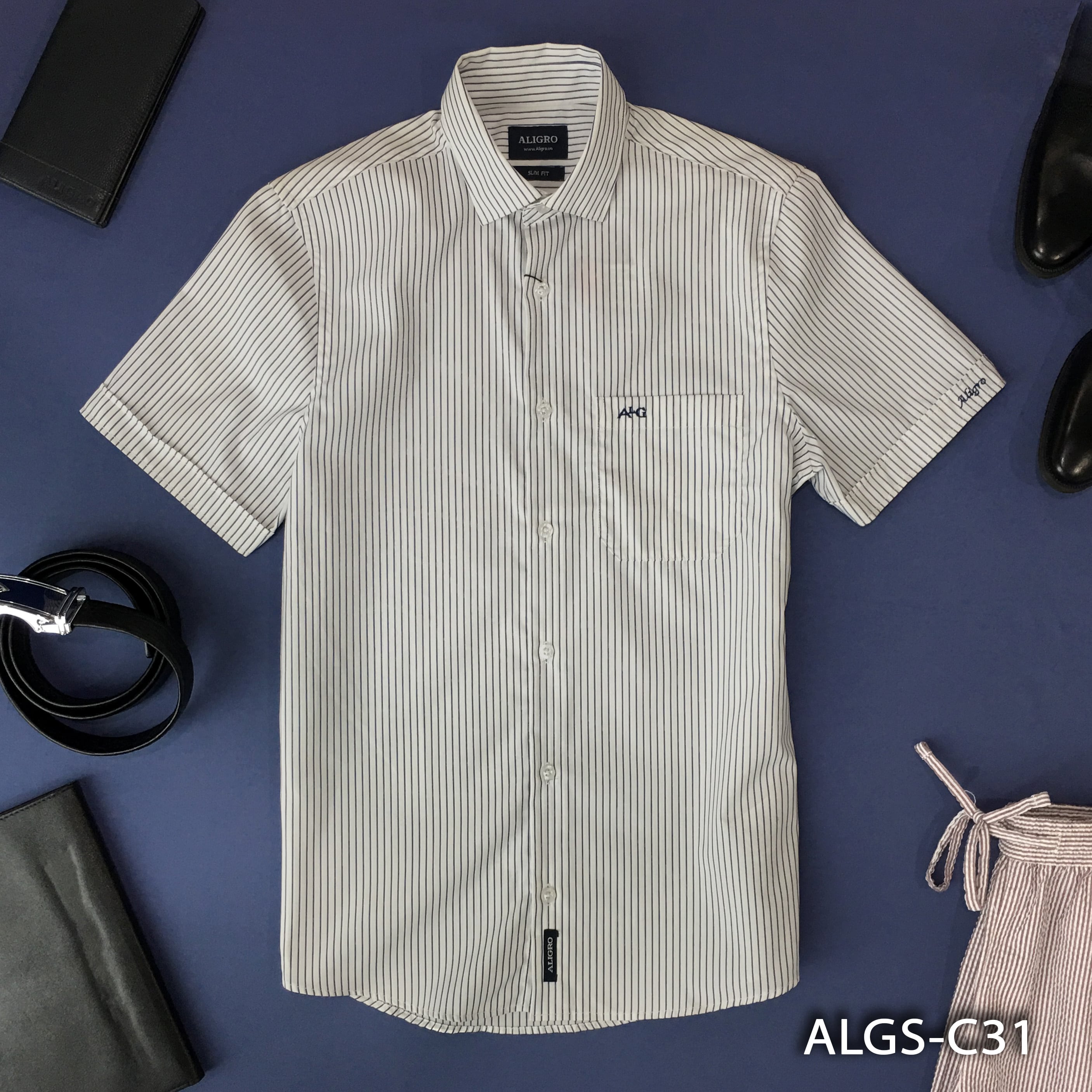 Áo sơ mi nam ngắn tay cao cấp Aligro ALGS-C31 vải cotton form SLIMFIT màu trắng kẻ sọc xanh