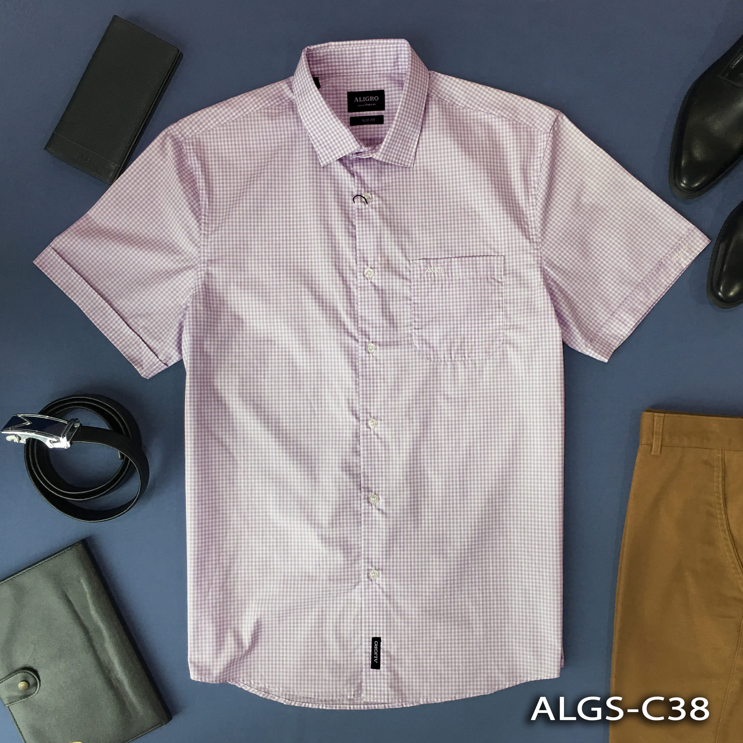 Áo sơ mi nam ngắn tay cao cấp Aligro ALGS-C38 vải cotton form SLIMFIT kẻ sọc tím - trắng