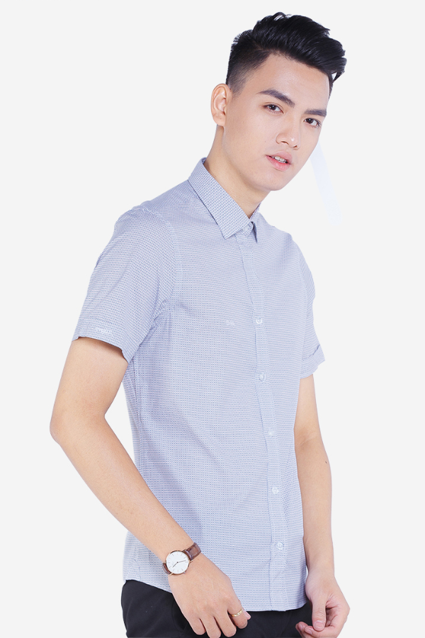Áo sơ mi nam ngắn tay cao cấp Aligro ALGS-C49 vải cotton form SLIMFIT màu xanh dương hoạ tiết chấm tròn