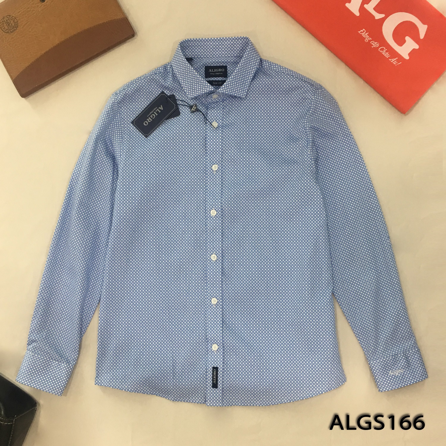 Áo sơ mi dài tay công sở cao cấp Aligro ALGS166 dáng Slimfit hoạ tiết xanh trắng