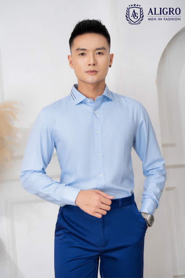 Áo sơ mi nam dài tay cao cấp Aligro ALGS214 chất liệu vải BAMBOO form SLIMFIT màu xanh dọc chìm