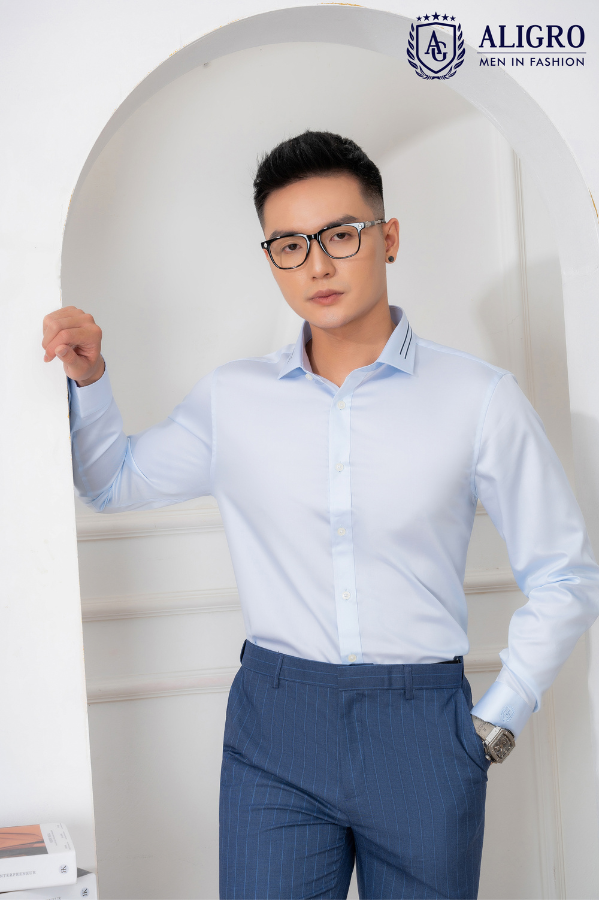 Áo sơ mi nam dài tay cao cấp Aligro ALGS217 chất liệu vải cotton chống nhăn form SLIMFIT màu xanh