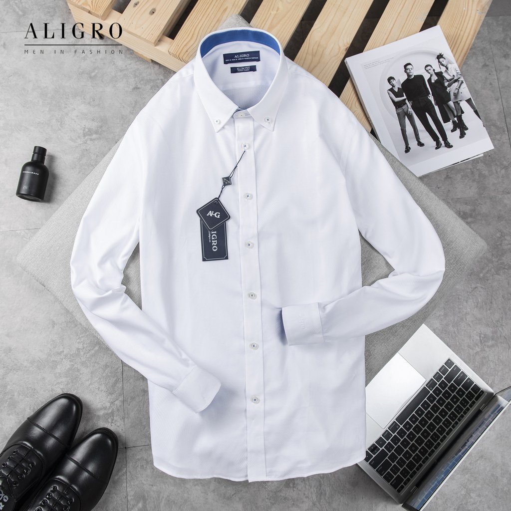 Áo sơ mi dài tay công sở cao cấp Aligro ALGS189 dáng Slimfit màu trắng phối cổ tay