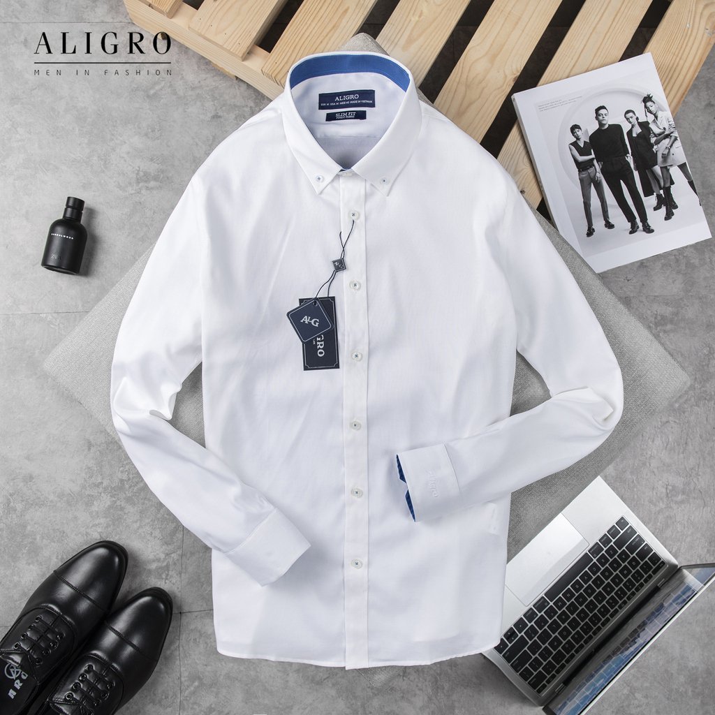 Áo sơ mi dài tay công sở cao cấp Aligro ALGS190 dáng Slimfit màu trắng phối cổ tay