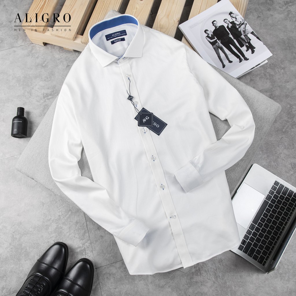 Áo sơ mi dài tay công sở cao cấp Aligro ALGS194 dáng Slimfit màu trắng phối cổ xanh