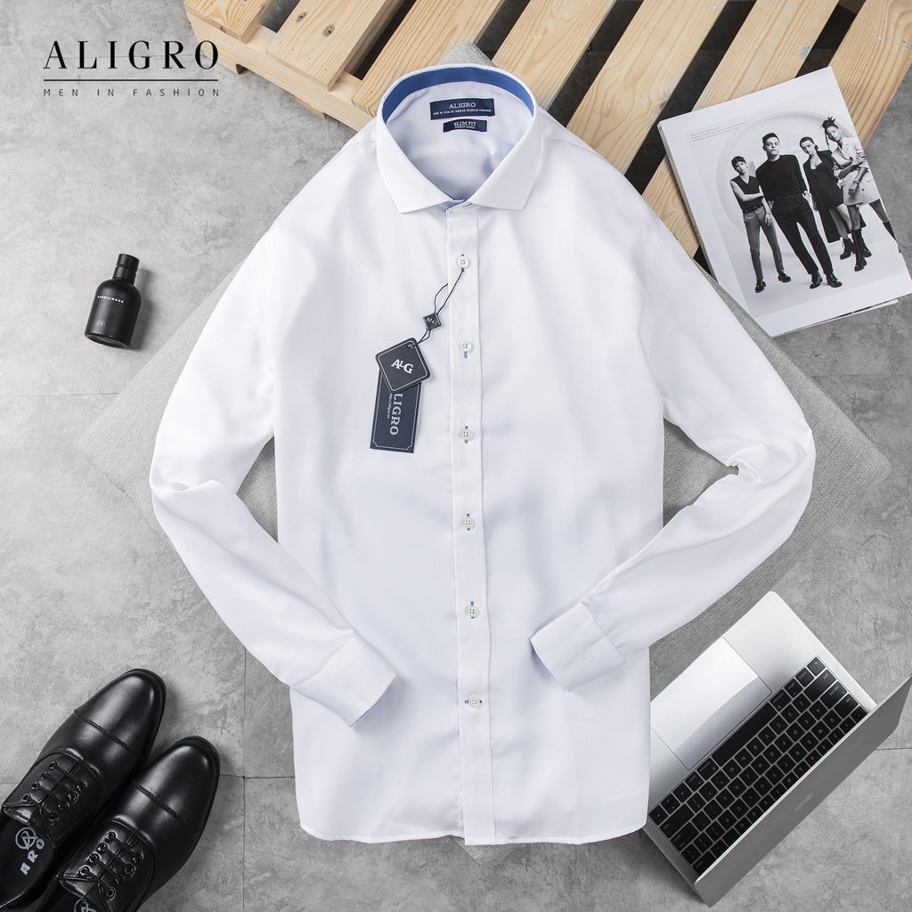 Áo sơ mi dài tay công sở cao cấp Aligro ALGS196 dáng Slimfit màu trắng phối cổ xanh