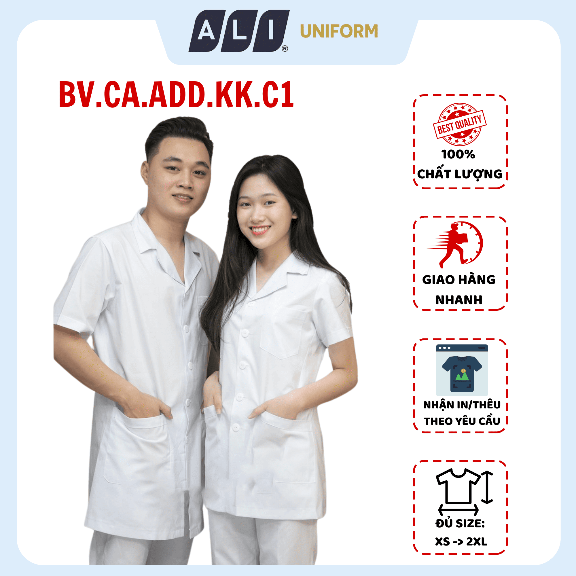 Áo điều dưỡng, áo blue trắng cộc tay, không lé chất vải kaki chun hàn cho bác sĩ, dược sĩ, spa Aligro BV.CA.ADD.KK.C1