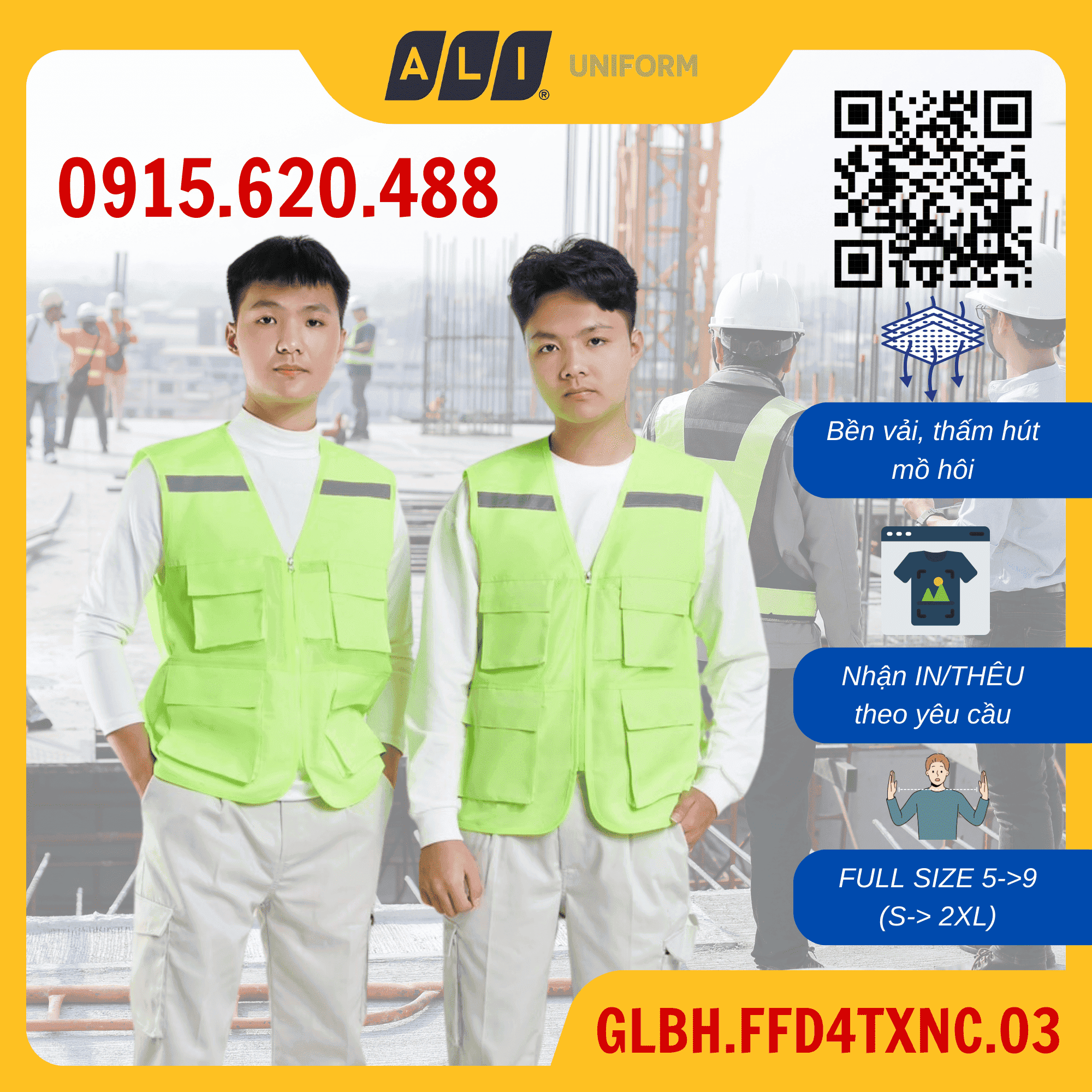 Áo gile bảo hộ lao động phản quang 4 túi chất vải kaki hoặc lưới thoáng mát màu xanh nõn chuối GLBH.FFD4TXC.03