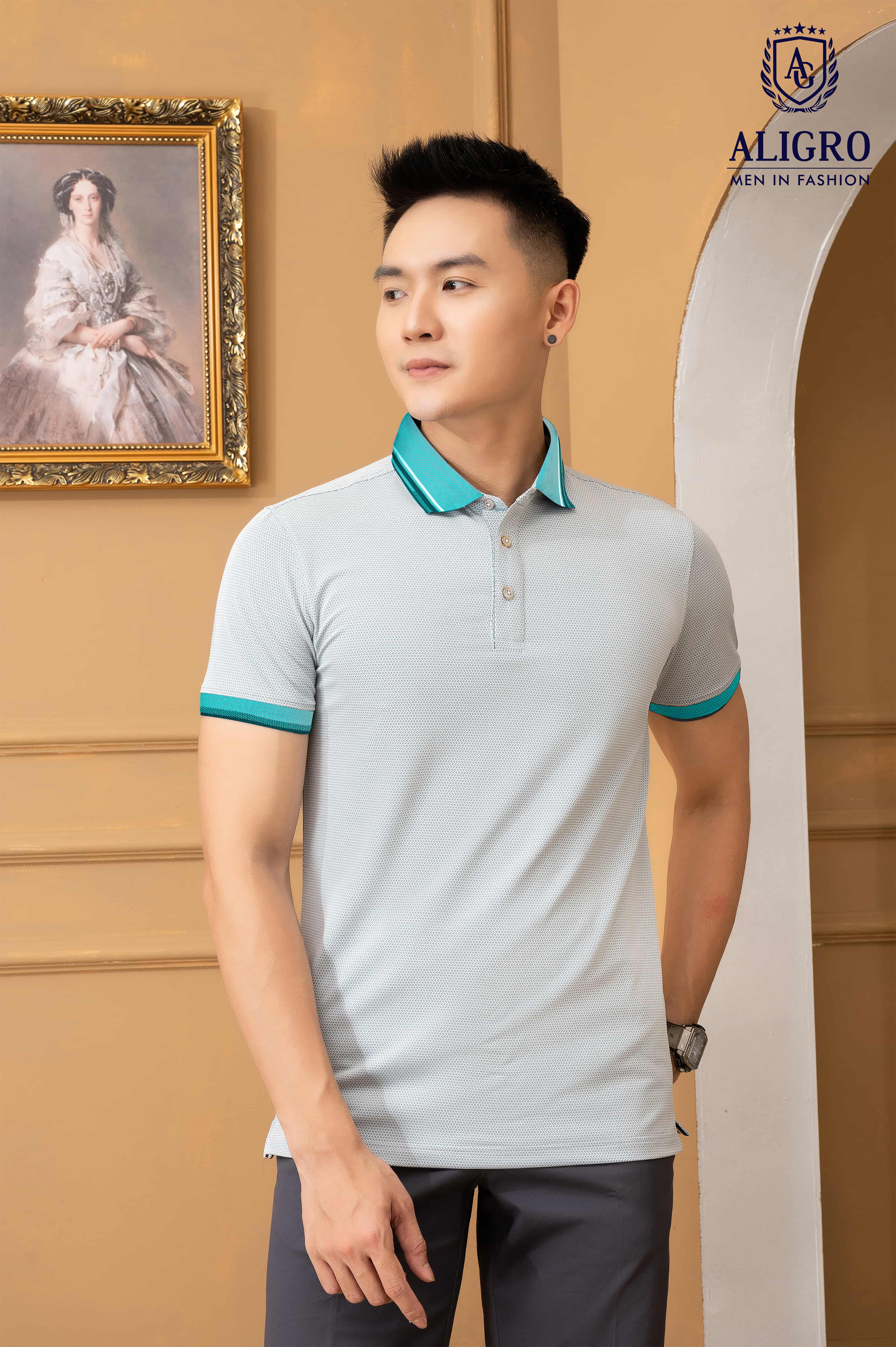 Áo polo nam Aligro ngắn tay cao cấp ALGPLO79.1 vải cotton pha sợi cacbon dáng ôm hoạ tiết phẩy V màu xanh cổ vịt lé trắng đen