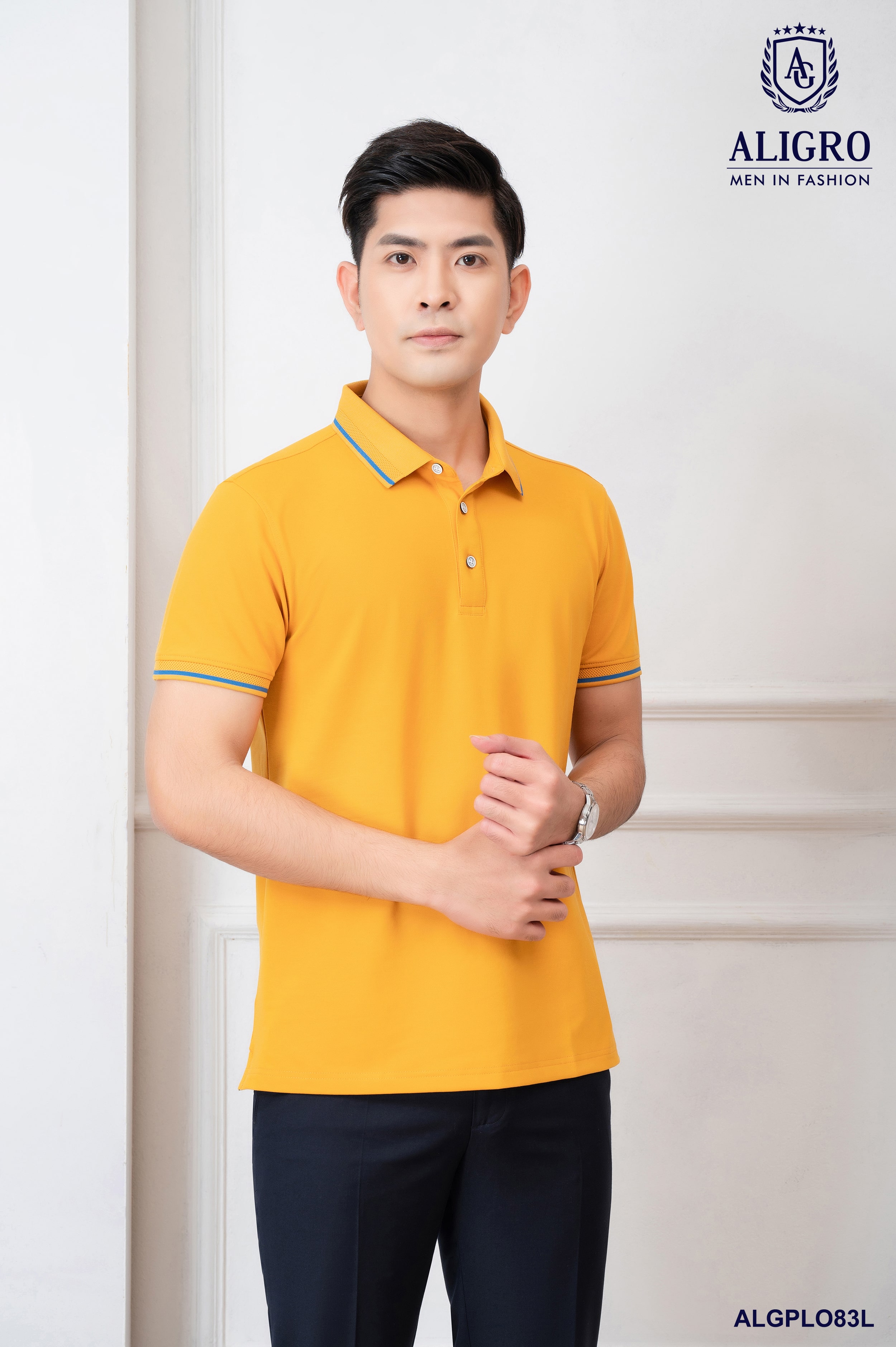 Áo polo nam ngắn tay cao cấp Aligro ALGPLO83 chất liệu pirma cotton form SLIMFIT màu vàng