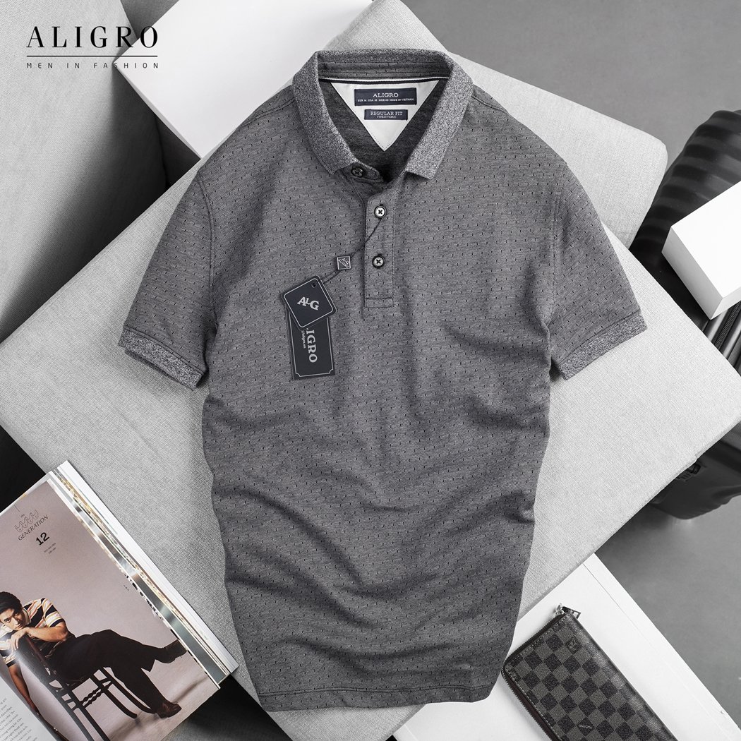 Áo polo nam ngắn tay Aligro cao cấp ALGPLO46 vải CVC cao cấp dáng regular màu đen in chấm