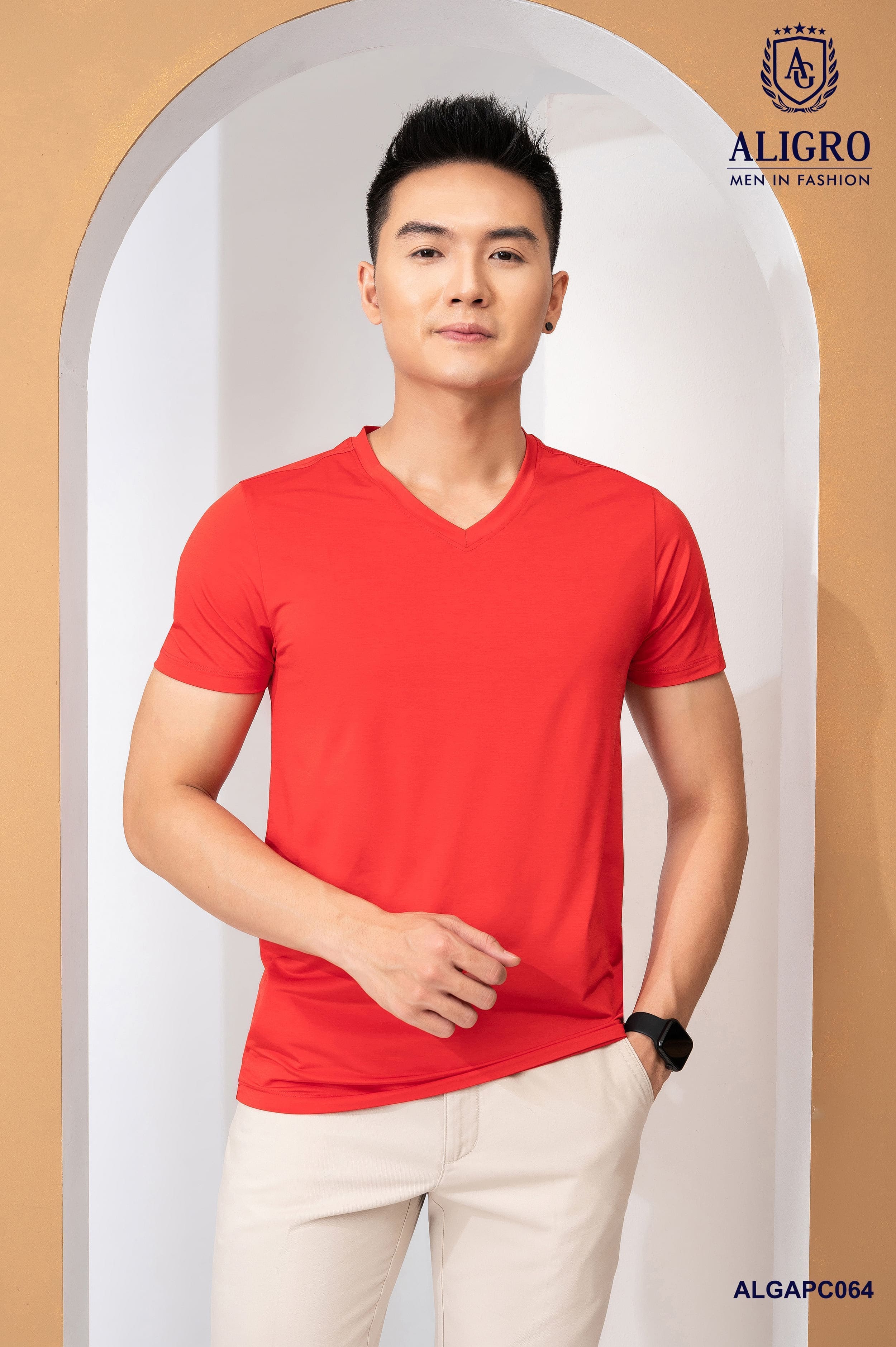 Áo thun nam cổ tim ngắn tay cao cấp Aligro ALGAPC064 chất liệu cotton form SLIMFIT màu đỏ cam