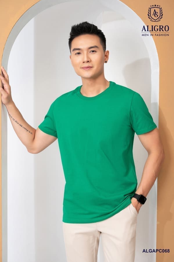 Áo thun nam cổ tròn ngắn tay cao cấp Aligro chất liệu cotton form SLIMFIT