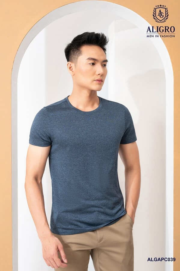 Áo thun nam cổ tròn ngắn tay cao cấp Aligro ALGAPC039 chất liệu cotton form SLIMFIT màu blue