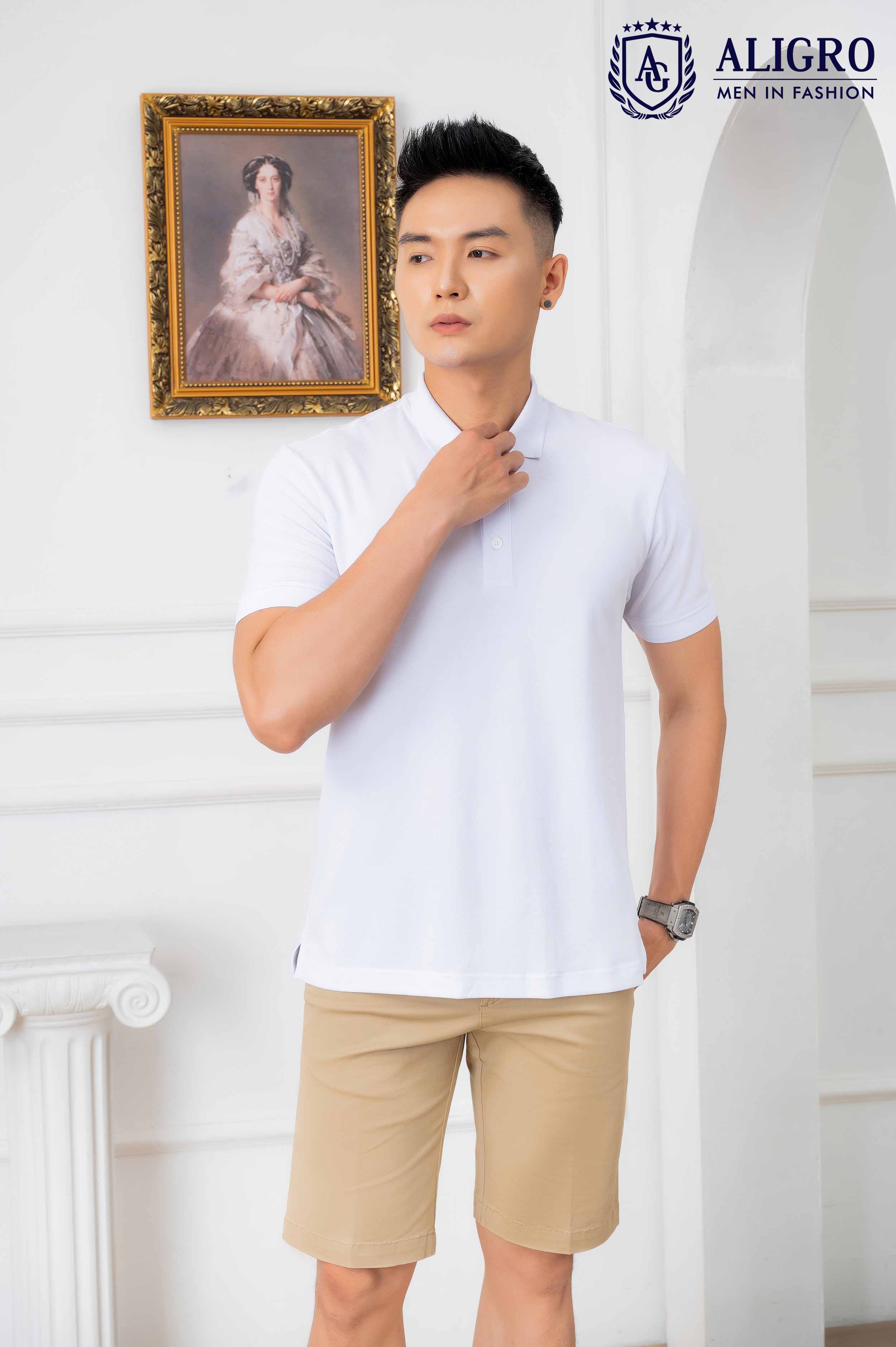 Áo polo nam Aligro ngắn tay cao cấp ALGPLO25 vải cotton pha sợi cacbon dáng suông màu trắng