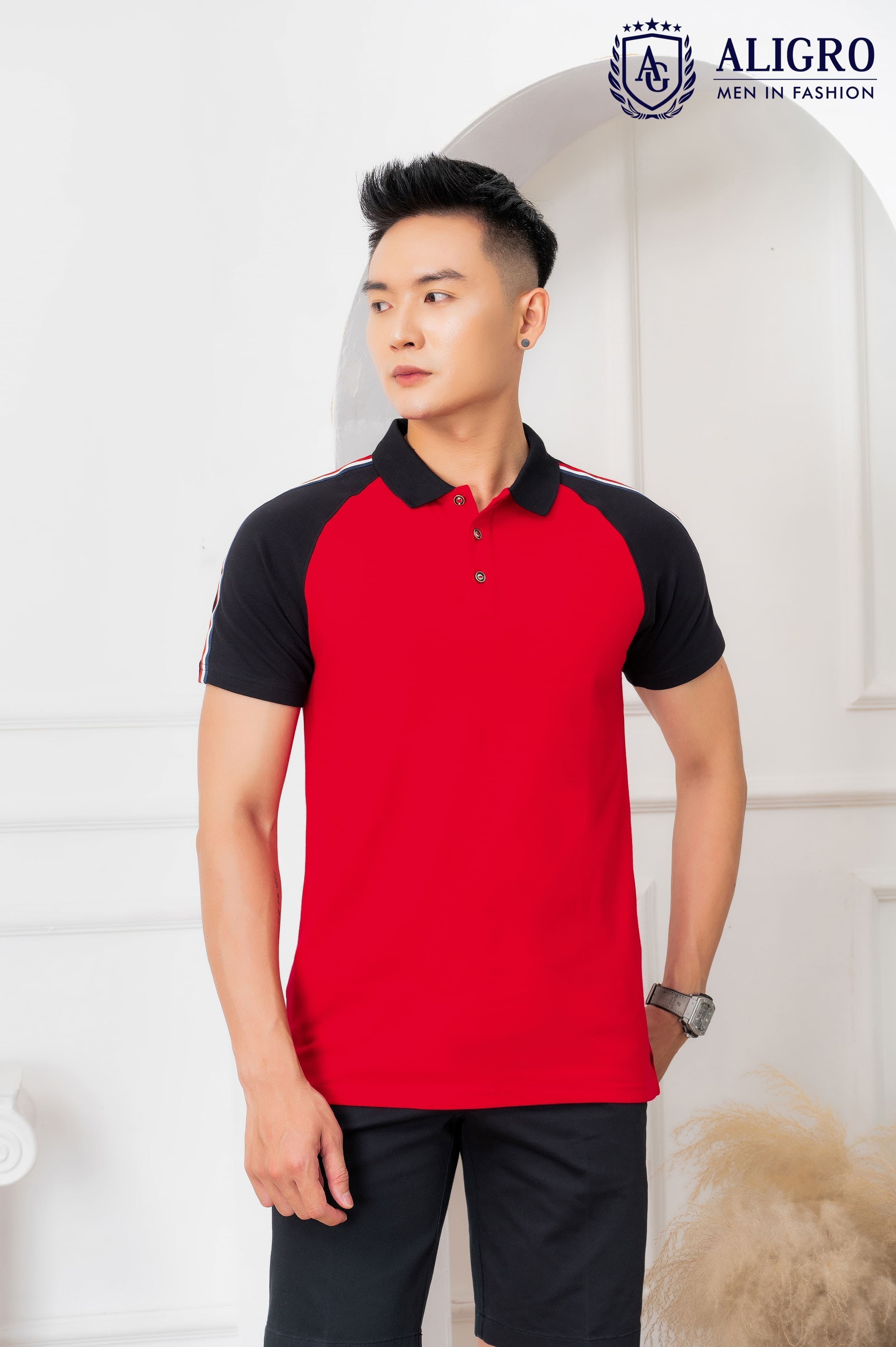 Áo polo nam ngắn tay Aligro cao cấp ALGPLO51 vải CVC cao cấp dáng slimfit màu đỏ phối đen