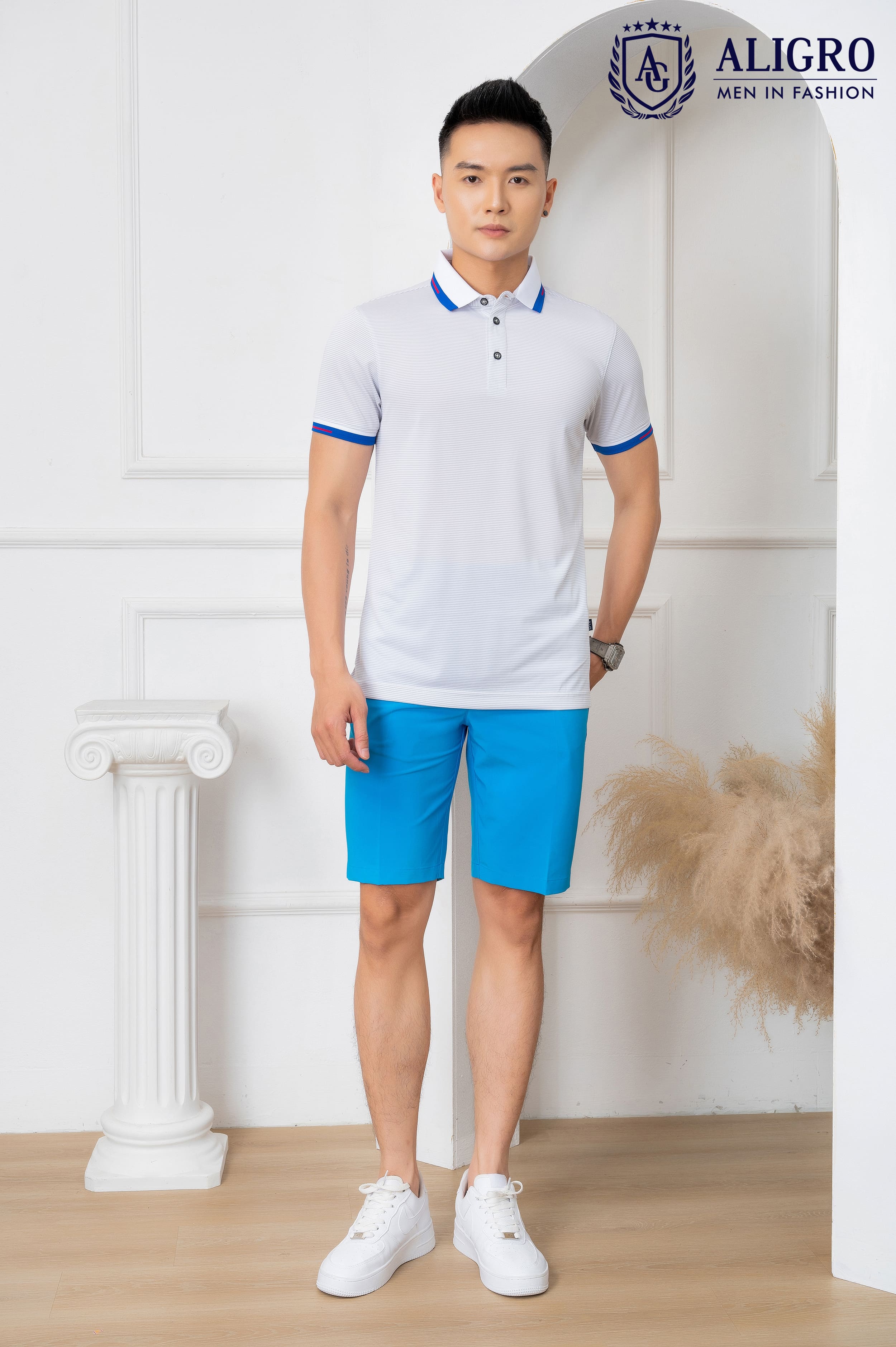 Áo polo nam ngắn tay cao cấp Aligro APLOUA012 chất liệu vải coolmax form SLIMFIT kẻ ngang màu ghi