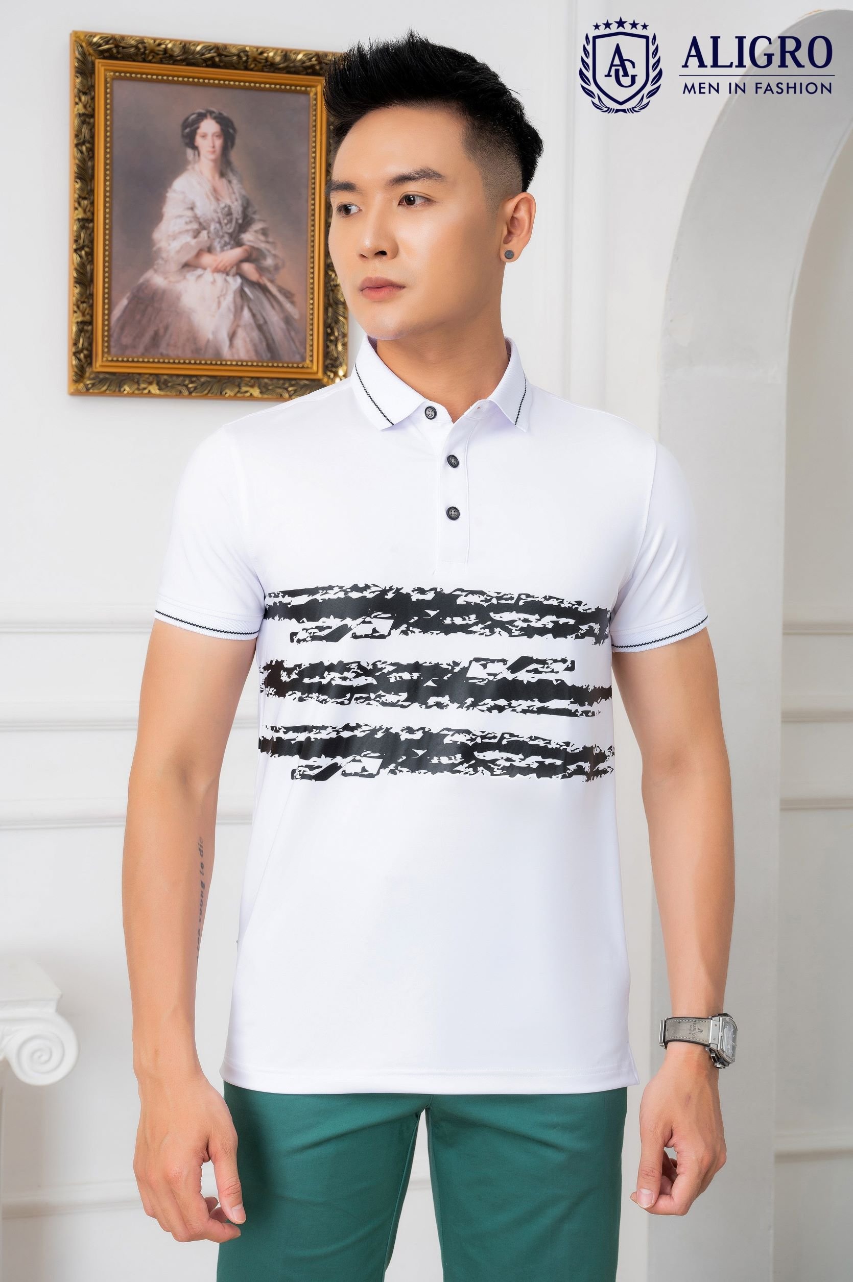 Áo polo Golf ngắn tay cao cấp Aligro ALGPLO70 vải thun lạnh COOLMAX dáng slimfit màu trắng kẻ ngang