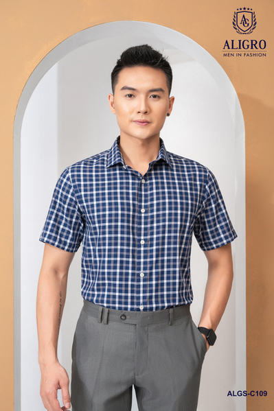 Áo sơ mi nam ngắn tay cao cấp Aligro ALGS-C109 chất liệu vải bamboo form SLIMFIT kẻ ô vuông navy