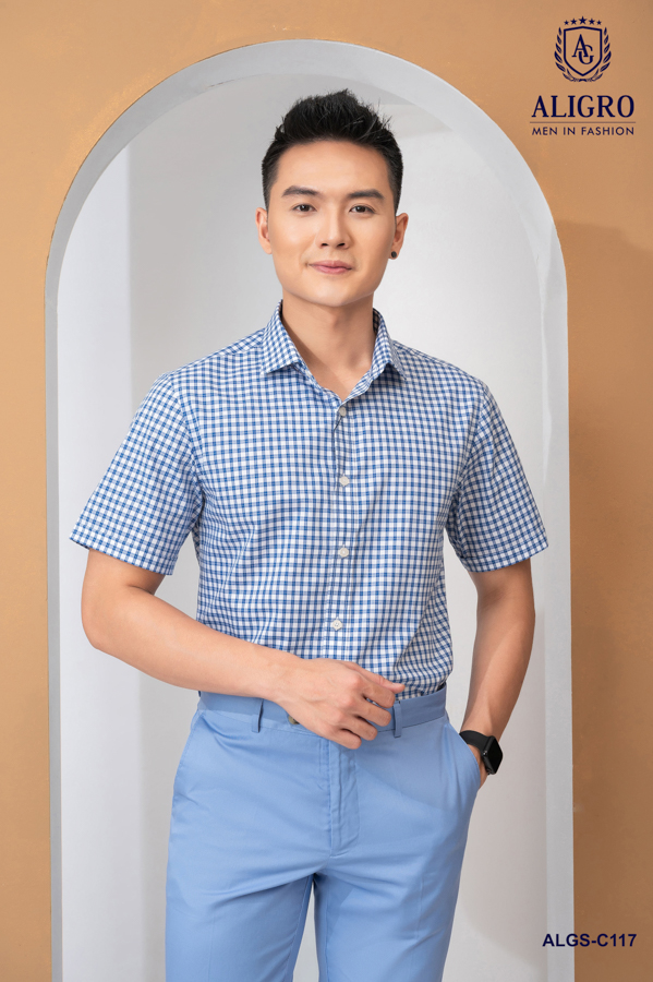 Áo sơ mi nam ngắn tay cao cấp Aligro ALGS-C117 chất liệu vải bamboo form SLIMFIT kẻ caro xanh navy