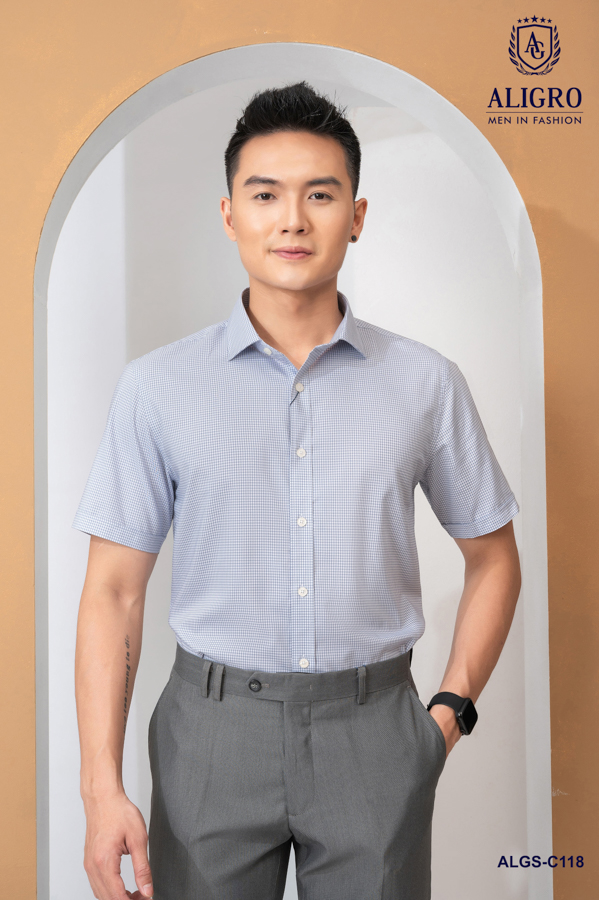 Áo sơ mi nam ngắn tay cao cấp Aligro ALGS-C118 chất liệu vải bamboo form SLIMFIT kẻ caro nhỏ màu ghi